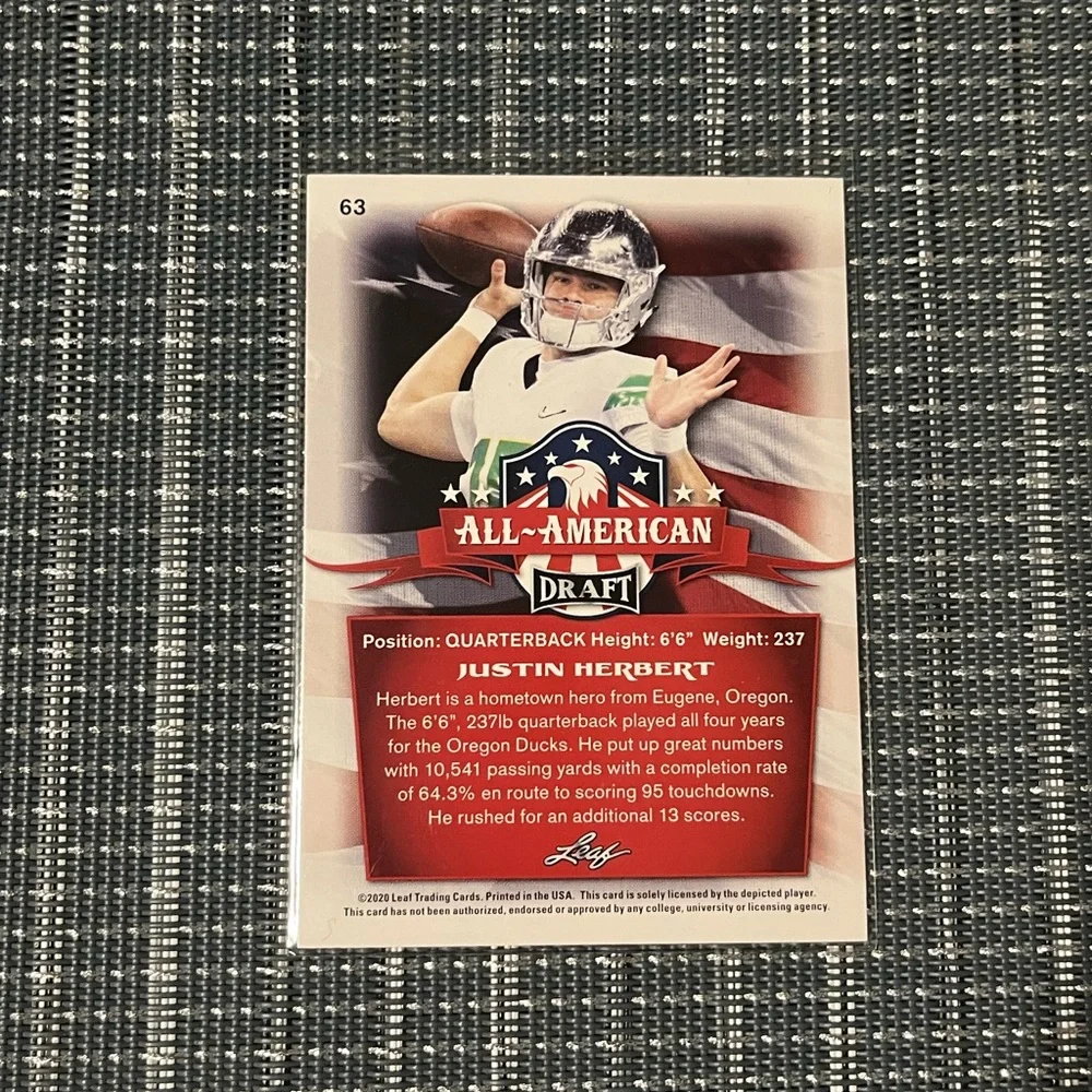 🏈 Justin Herbert 2020 Leaf Draft Picks Rookie NFL Football Card, Qty 1